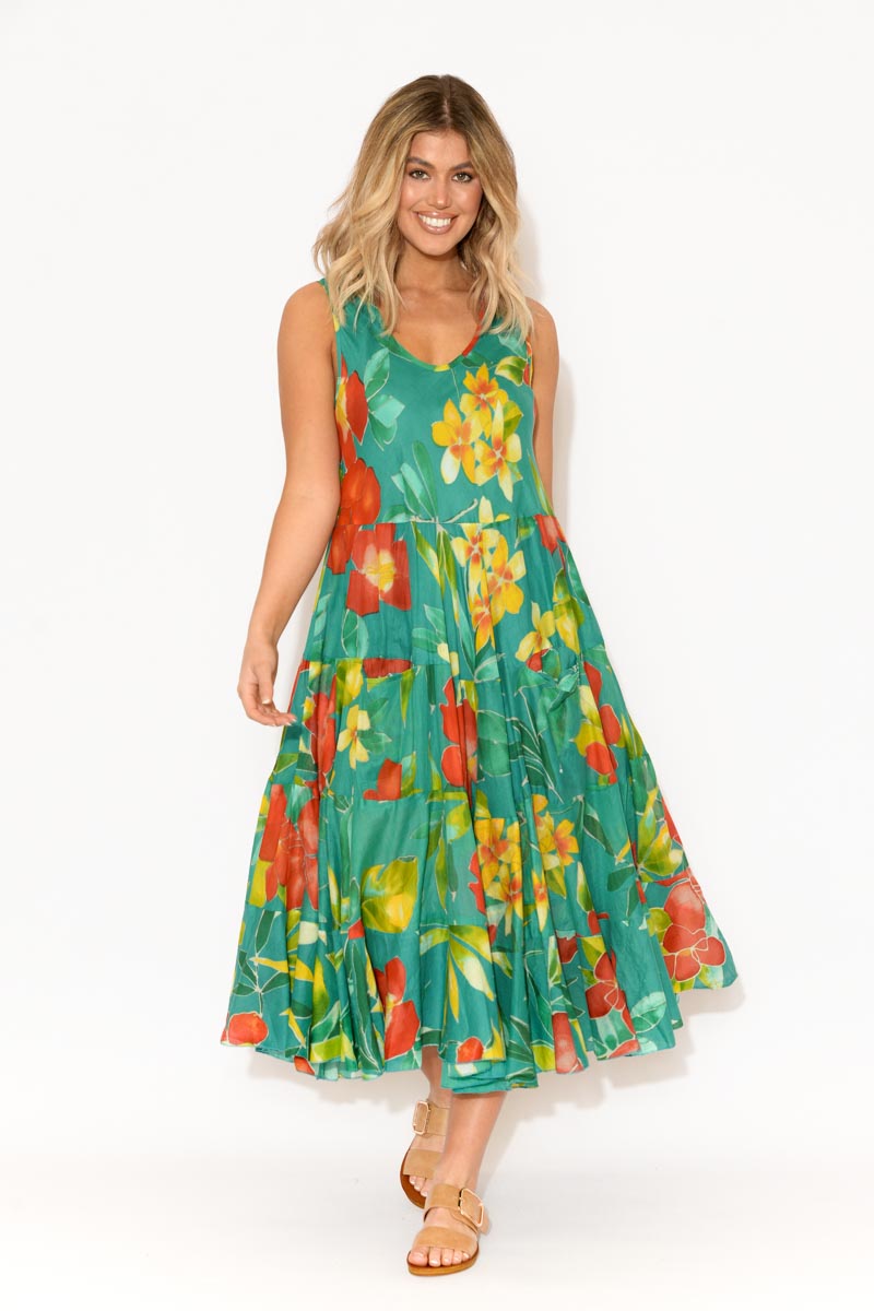 Daydream Turquoise Tropical Cotton Midi ...